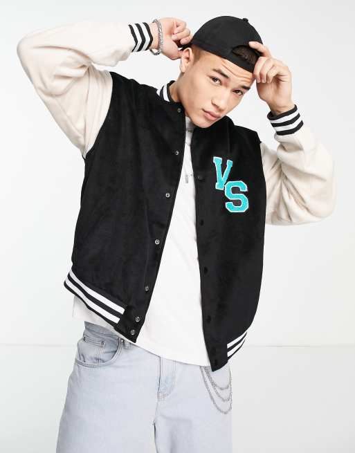 Vintage Supply - Varsity baseballjack in zwart en crème met geborduurd logo
