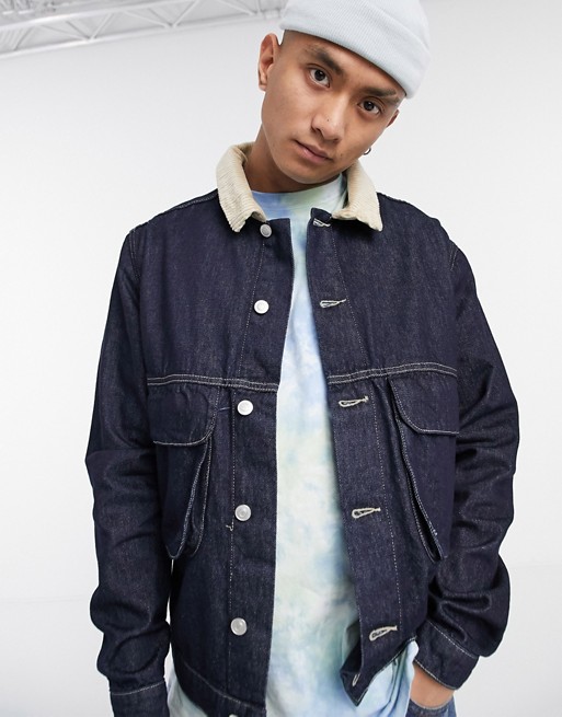 Vintage Supply worker denim jacket with borg collar in darkwash blue