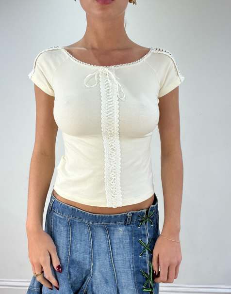 Vintage t-shirt with lace detail in cream - view 1
