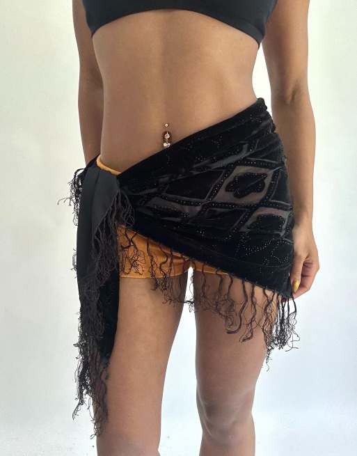 Vintage tassel sarong skirt in black
