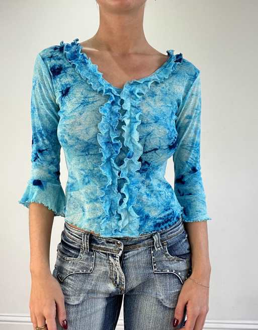 Vintage tie dye blouse with ruffle detail in blue