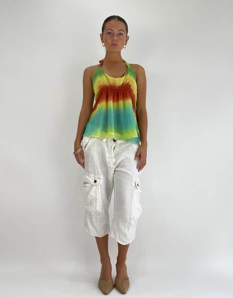 Vintage tie dye halterneck top in blue and yellow - view 1