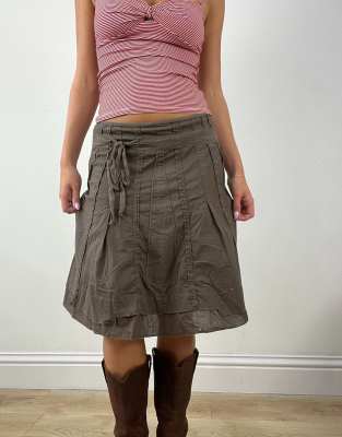Vintage tie waist midi skirt in brown