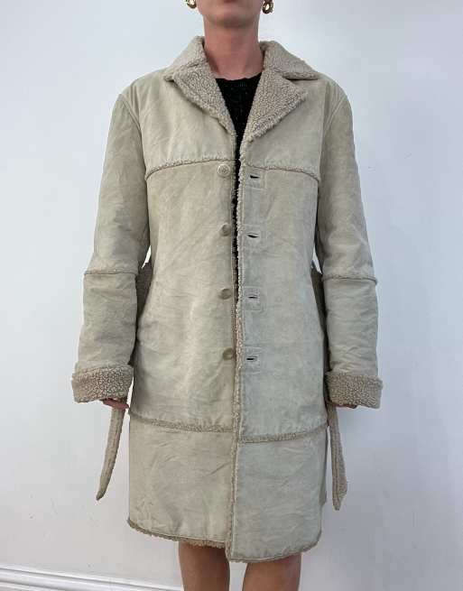 Vintage tie waist suede coat in beige
