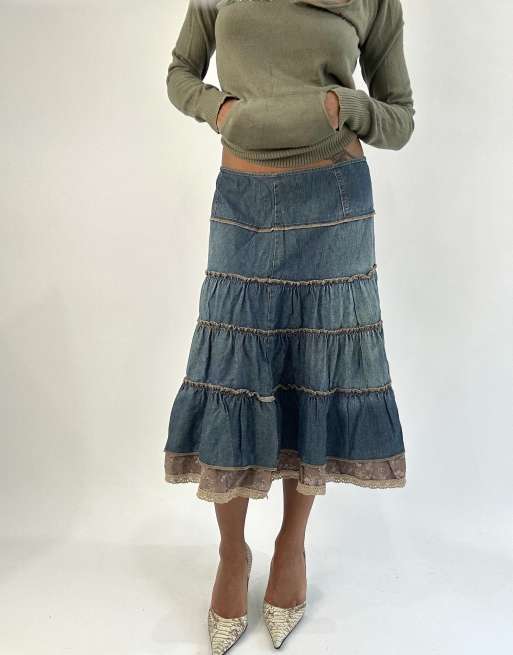 Vintage tiered midi skirt in blue