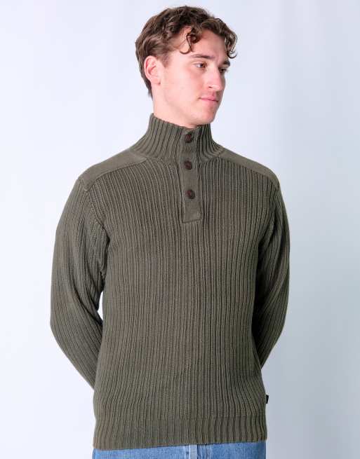 Vintage Timberland S Knit Sweatshirt Khaki Green Quarter Button Up