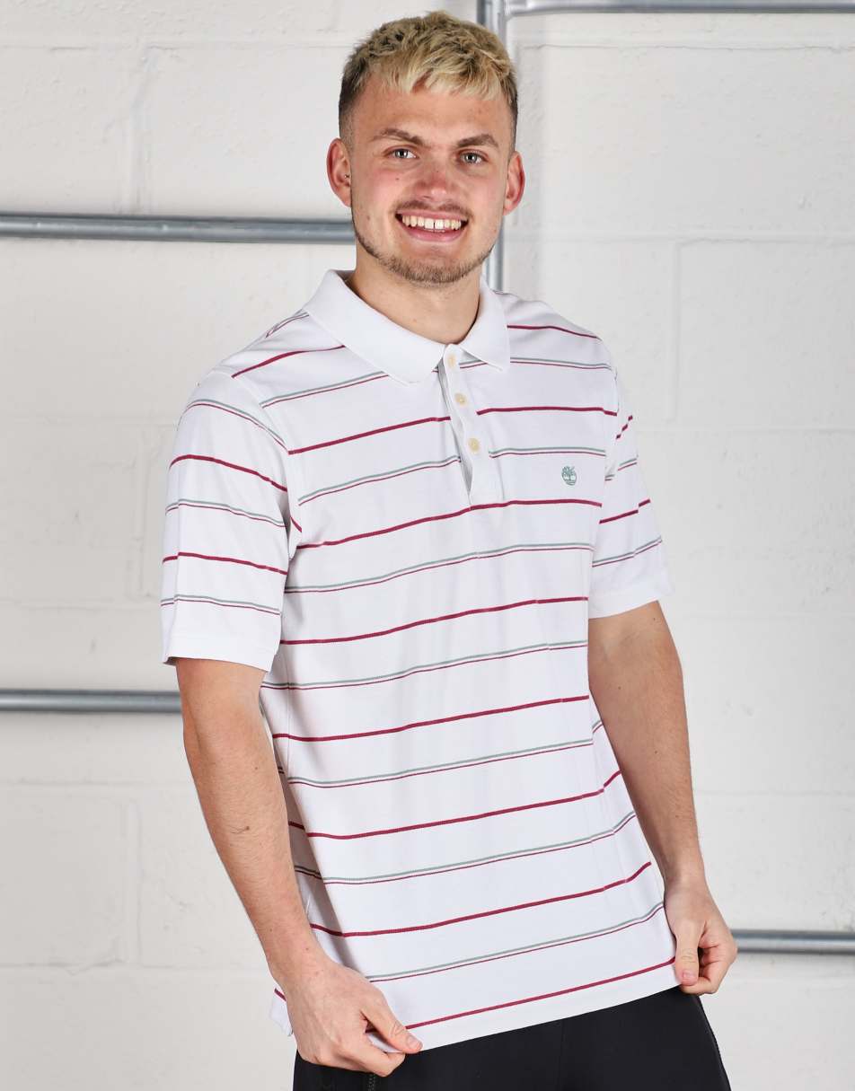 Vintage Timberland Size XL logo short sleeve polo shirt in white stripe