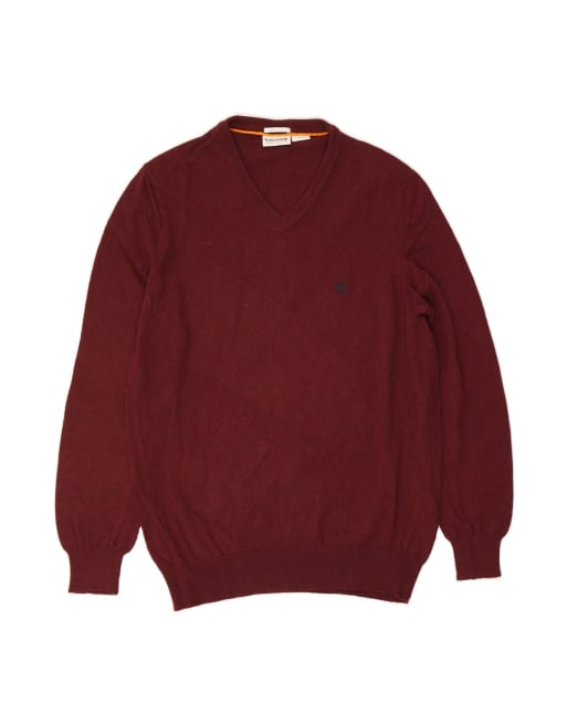 Vintage Timberland V-neck Jumper Sweater Medium In Burgundy Wool