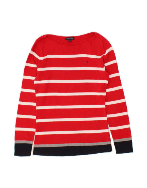 Vintage Tommy Hilfiger Boat Neck Jumper Sweater UK 14 Medium In Red Striped