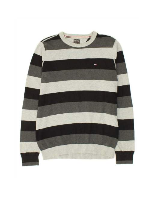 Vintage Tommy Hilfiger Boat Neck Jumper Sweater Uk 16 Large In Grey Striped