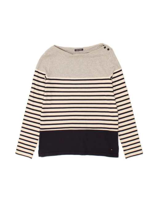 Vintage Tommy Hilfiger Boat Neck Jumper Sweater UK 16 Large In Grey Striped