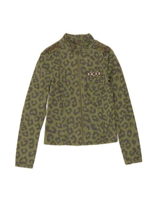 Vintage Tommy Hilfiger Bomber Jacket UK 10 Small In Green Animal Print
