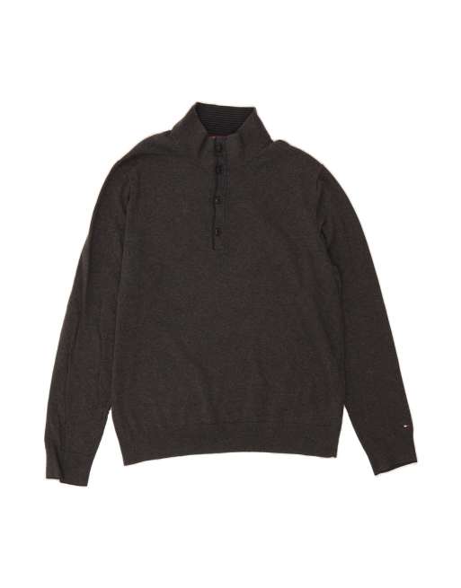 Vintage Tommy Hilfiger Button Neck Jumper 2XL In Grey
