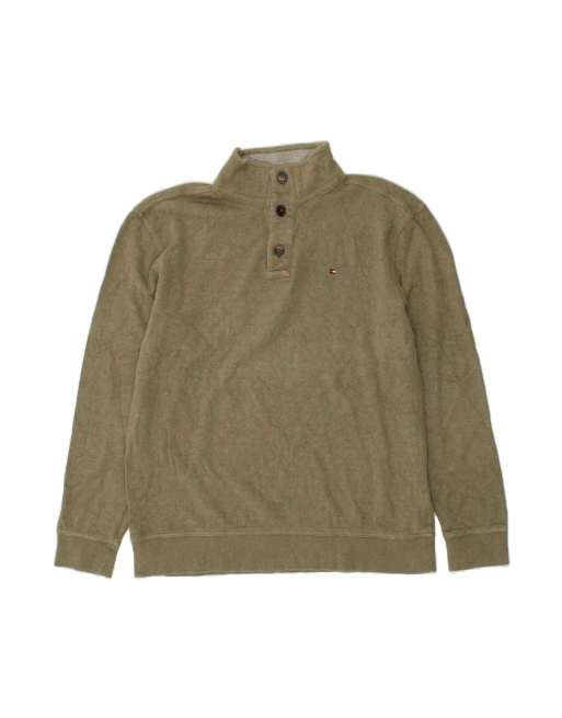Vintage Tommy Hilfiger Button Neck Sweatshirt Jumper 2XL In Khaki