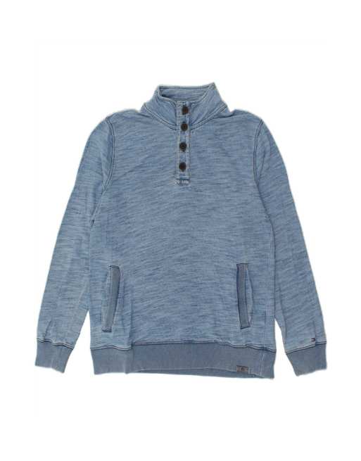 Vintage Tommy Hilfiger Button Neck Sweatshirt Jumper Large In Blue Flecked