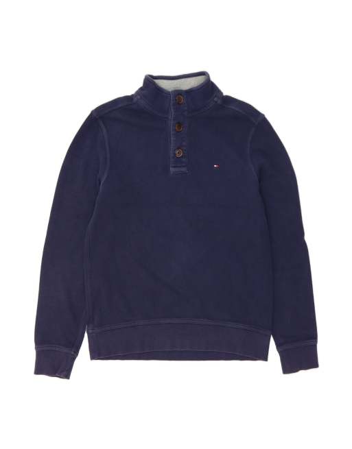 Vintage Tommy Hilfiger Button Neck Sweatshirt Jumper Medium In Blue