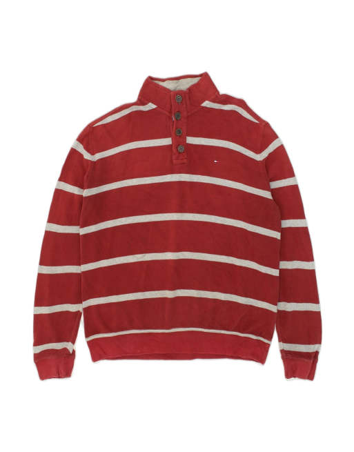Vintage Tommy Hilfiger Button Neck Sweatshirt Jumper XL In Red Striped