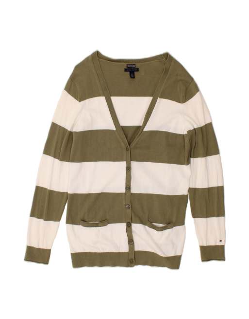 Vintage Tommy Hilfiger Cardigan Sweater UK 16 Large In Green Striped