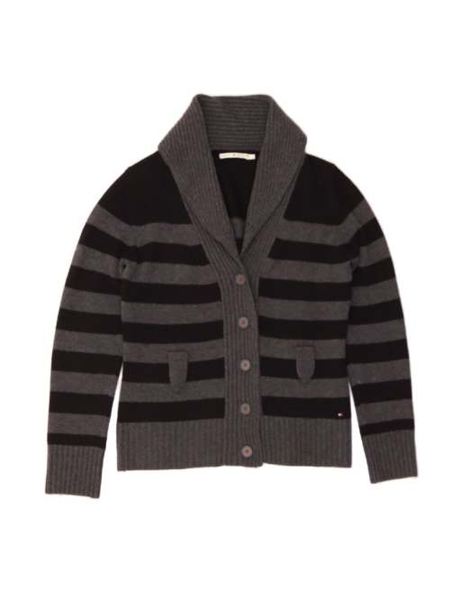 Vintage Tommy Hilfiger Cardigan Sweater UK 16 Large In Grey Striped Lambswool