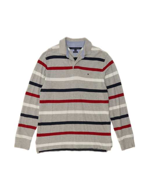 Vintage Tommy Hilfiger Classic Fit Long Sleeve Polo Shirt Medium In Grey Striped