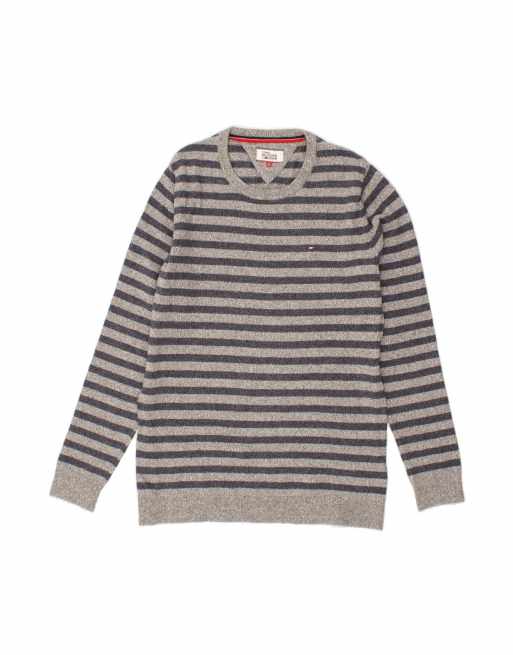Vintage Tommy Hilfiger Crew Neck Jumper Sweater Large In Grey Striped