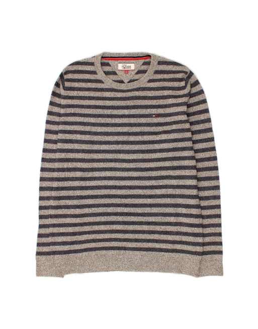 Vintage Tommy Hilfiger Crew Neck Jumper Sweater Large In Grey Striped