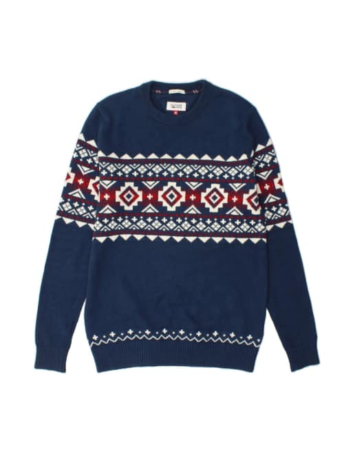 Vintage Tommy Hilfiger Crew Neck Jumper Sweater Medium In Blue Fair Isle