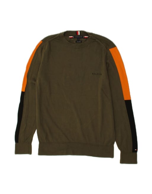 Vintage Tommy Hilfiger Crew Neck Jumper Sweater Medium In Khaki Colourblock