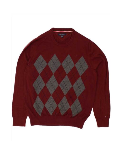 Vintage Tommy Hilfiger Crew Neck Jumper Sweater XL In Maroon Argyle/diamond