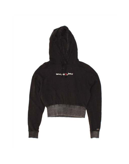 Vintage Tommy Hilfiger Crop Graphic Hoodie Jumper UK 6 XS In Black Colourblock