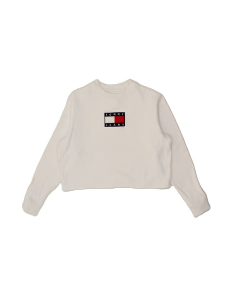 Vintage Tommy Hilfiger Crop Graphic Sweatshirt Jumper UK 16 Large In White - view 1