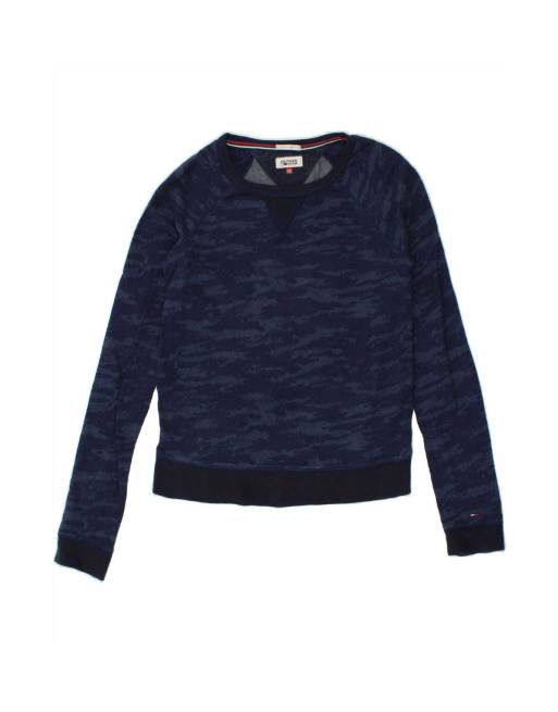 Vintage Tommy Hilfiger Crop Sweatshirt Jumper Uk 6 XS In Blue Camouflage