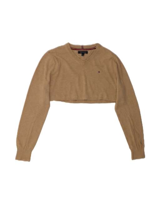 Vintage Tommy Hilfiger Crop V-neck Jumper Sweater UK 14 Medium In Beige