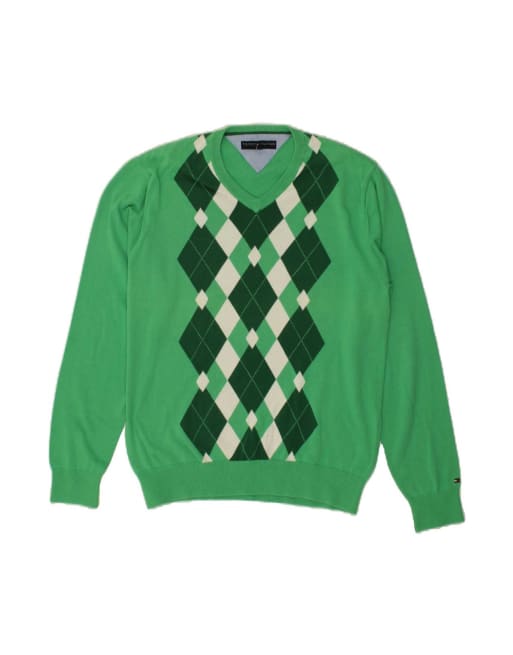 Vintage Tommy Hilfiger Golf V-neck Jumper Sweater Medium In Green Argyle/diamond