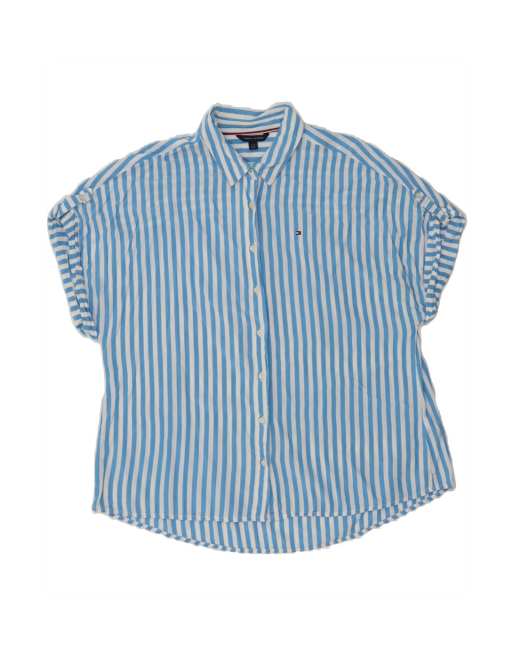 Vintage Tommy Hilfiger Grant Fit Shirt Blouse UK 16 Large In Blue Pinstripe