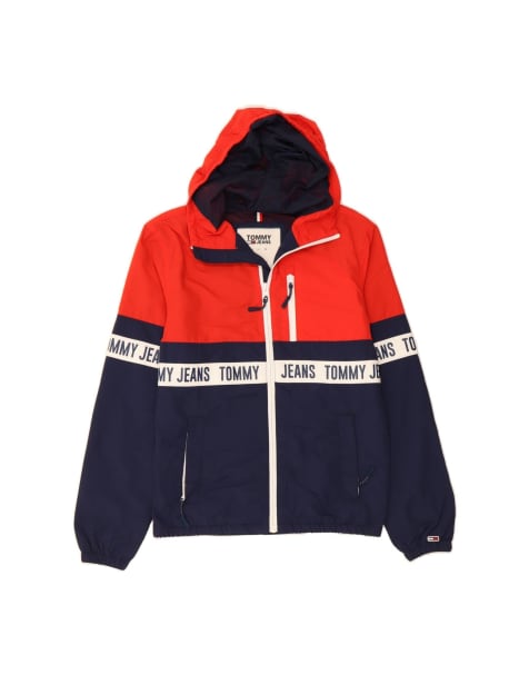Vintage Tommy Hilfiger Graphic Hooded Rain Jacket UK 34 XS In Red Colourblock - view 1