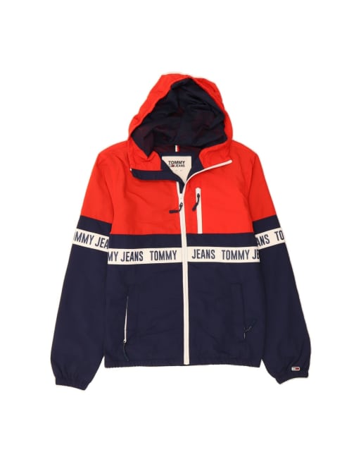 Vintage Tommy Hilfiger Graphic Hooded Rain Jacket UK 34 XS In Red Colourblock