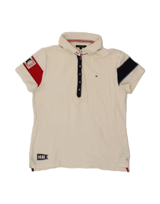 Vintage Tommy Hilfiger Graphic Polo Shirt UK 18 XL In White Colourblock