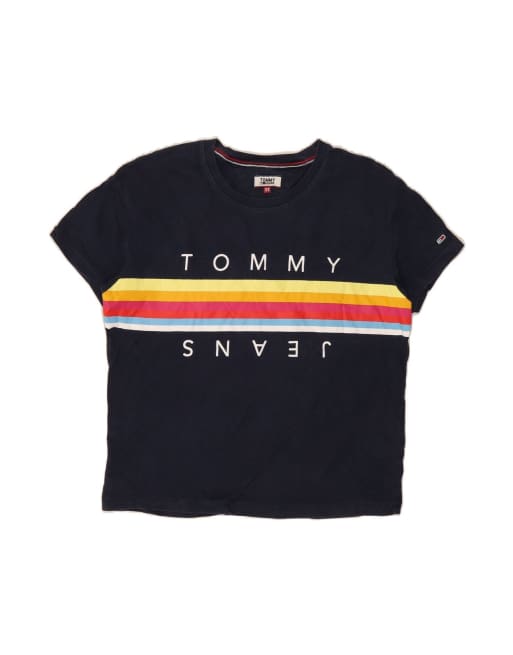 Vintage Tommy Hilfiger Graphic T-shirt Top UK 6 XS In Blue Colourblock
