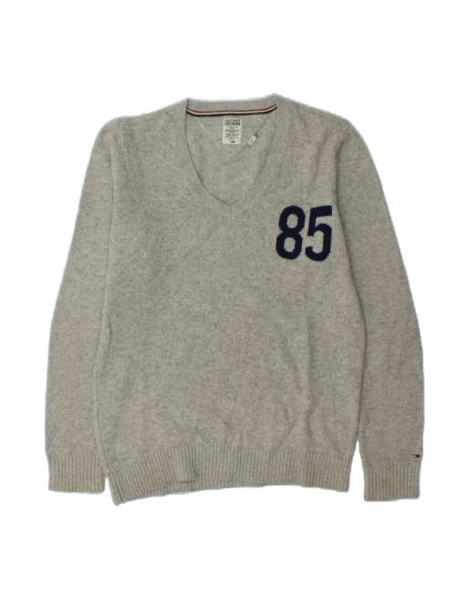 Vintage Tommy Hilfiger Graphic V-neck Jumper Sweater Medium In Grey Lambswool