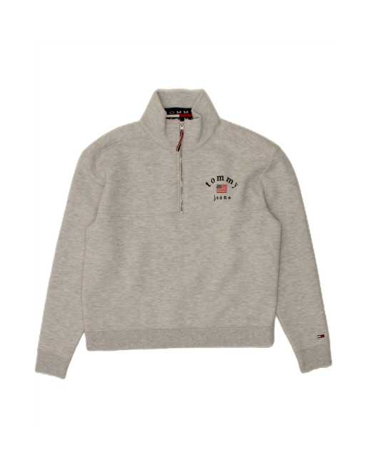 Vintage Tommy Hilfiger Graphic Zip Neck Sweatshirt Jumper UK 16 Large In Grey