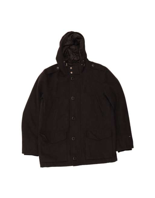 Vintage Tommy Hilfiger Hooded Military Jacket UK 40 Large In Black Wool