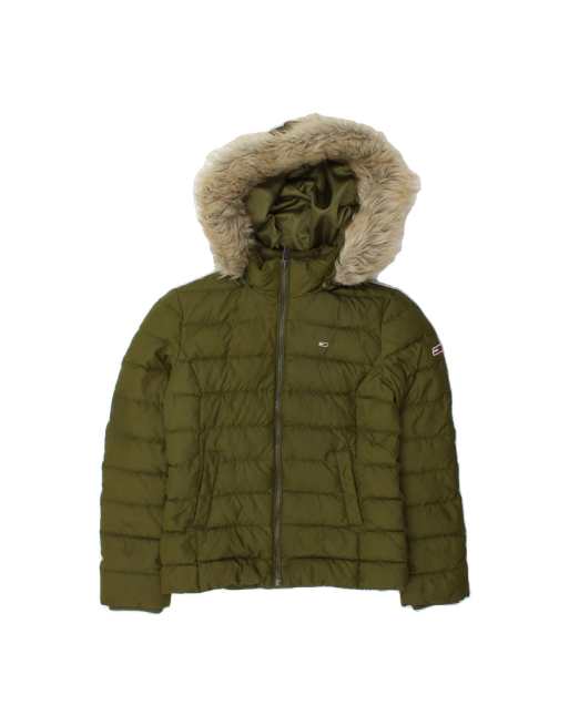 Vintage Tommy Hilfiger Hooded Padded Jacket UK 10 Small In Khaki