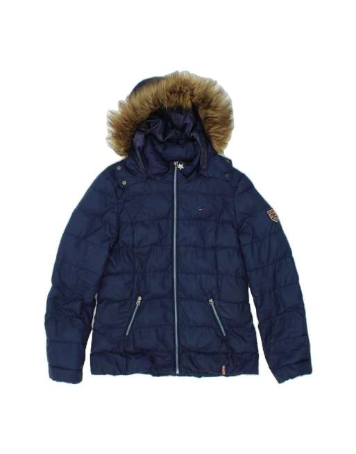 Vintage Tommy Hilfiger Hooded Padded Jacket UK 14 Medium In Blue