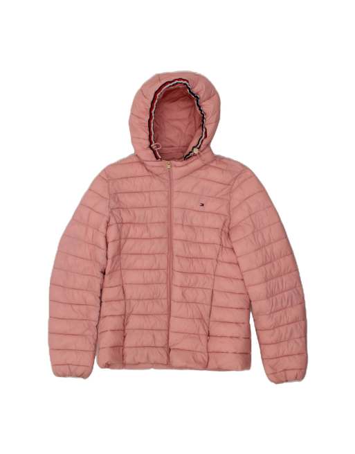 Vintage Tommy Hilfiger Hooded Padded Jacket UK 14 Medium In Pink