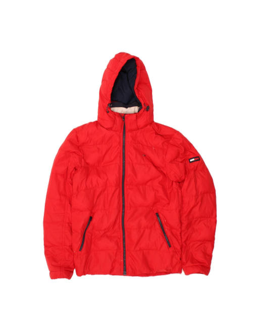 Vintage Tommy Hilfiger Hooded Padded Jacket UK 38 Medium In Red