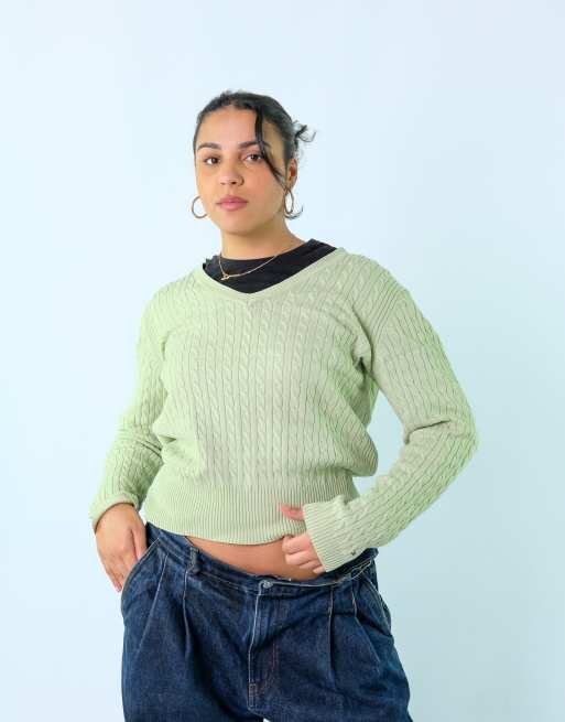 Vintage Tommy Hilfiger L Knit Sweatshirt Jacket Light Green Button up Cardigan