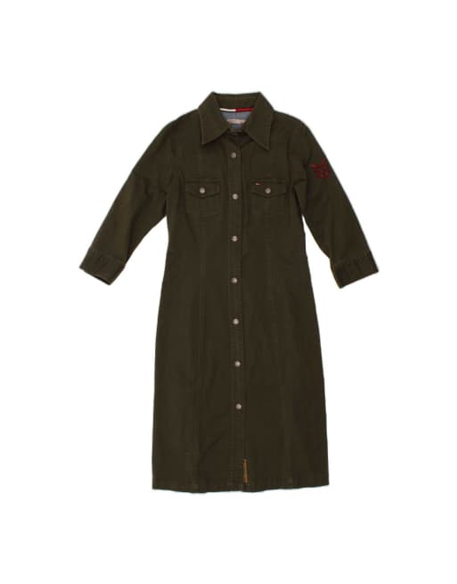 Vintage Tommy Hilfiger Long Sleeve Denim Dress Uk 8 Small In Khaki