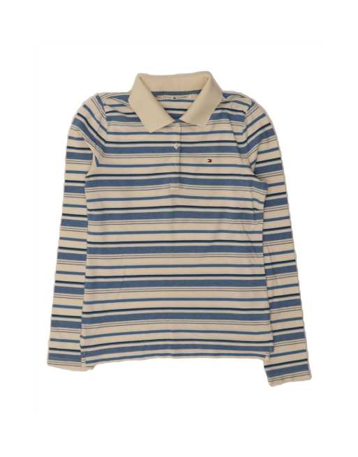 Vintage Tommy Hilfiger Long Sleeve Polo Shirt UK 10 Small In White Striped