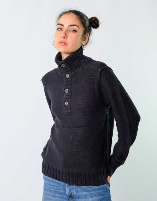 Vintage Tommy Hilfiger M Knit Sweatshirt Black Button up collar